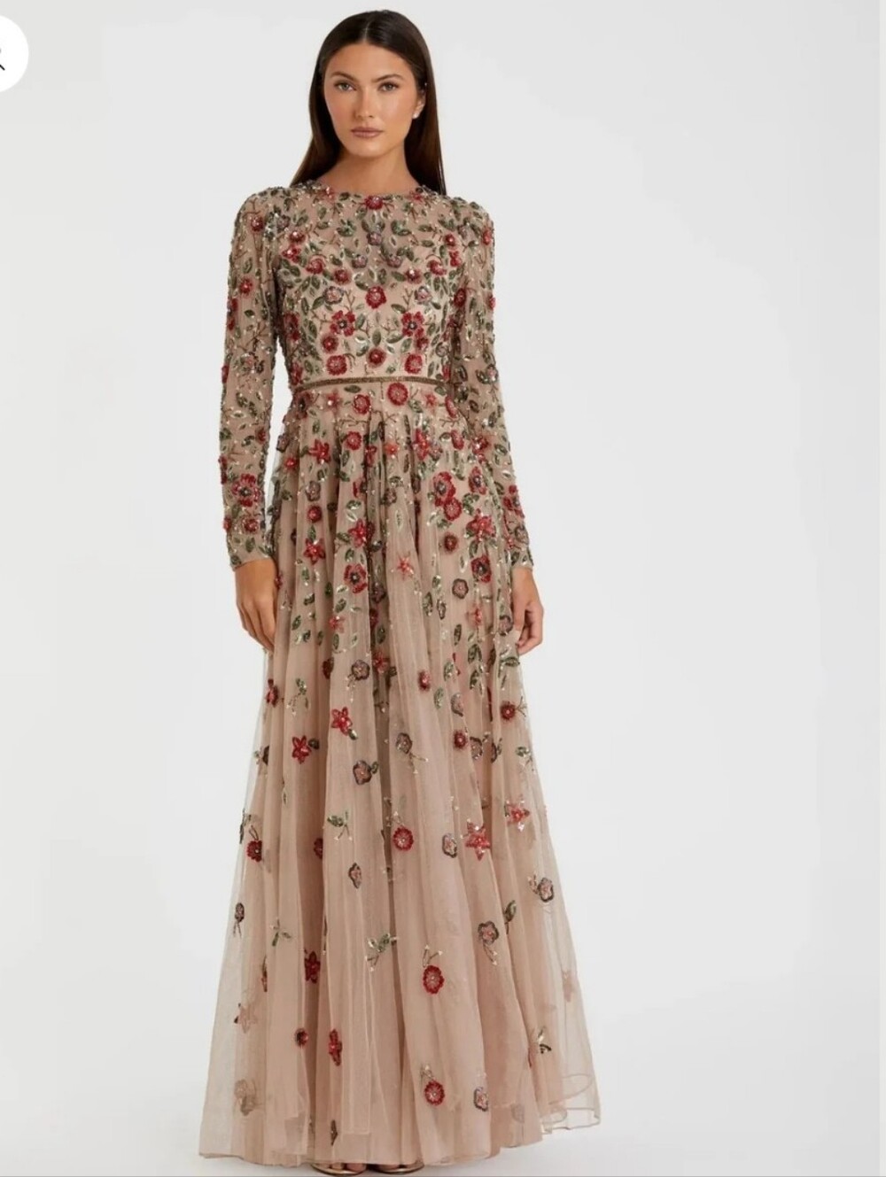 Mac DuggalBeige Embellished High Neck Long Sleeve A Line Gown